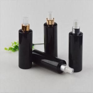 250ml Pet Plastic Flat Shoulder Shiny Black Color Gold and Silver Mist Spray Cleaner Bottle