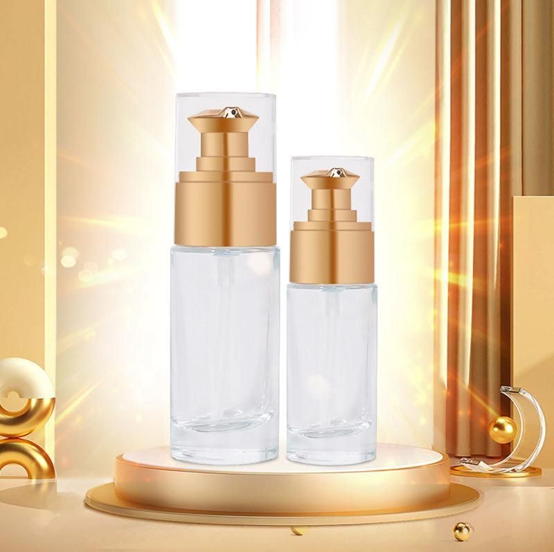 High Quality Cosmetic Packaging 25ml 15ml Round Glass Lotion Bottle with Unique Design Pump Head for Serum and Foundation