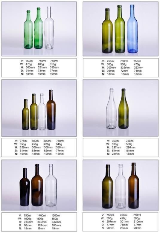 Customized Black Transparent Amber Green Color 750ml Wine Glass Bottle