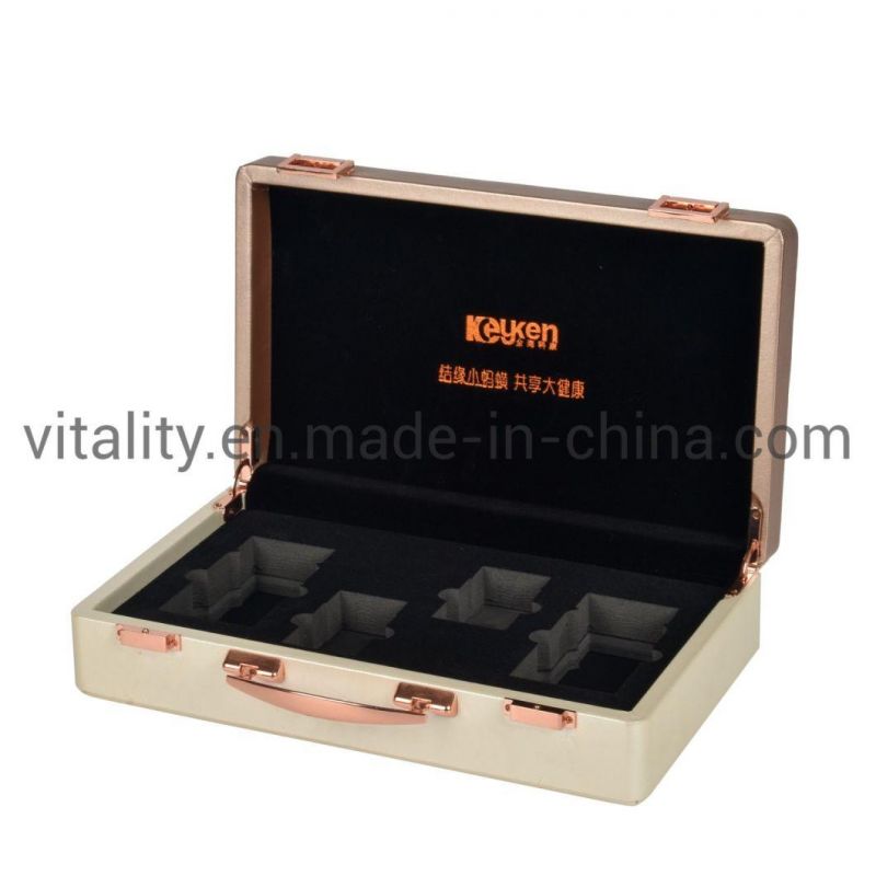 Beauty Salon Cosmetics Customized Luxury PU Leather Embossing Hardware Lock Hand Box Packaging Gold Box