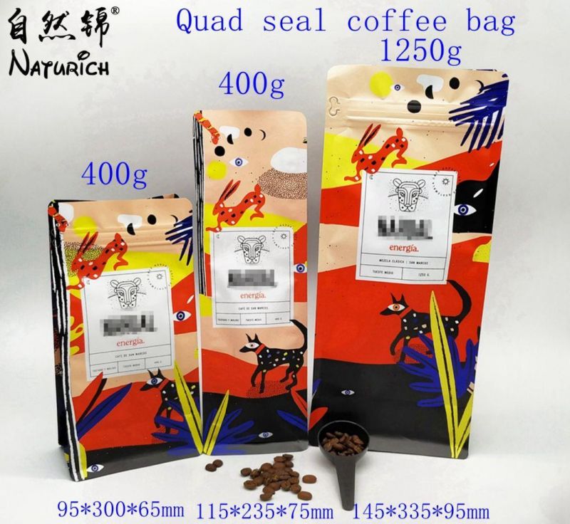 Quad Seal Bag with Zipper and Valve Coffee Packaging Bag