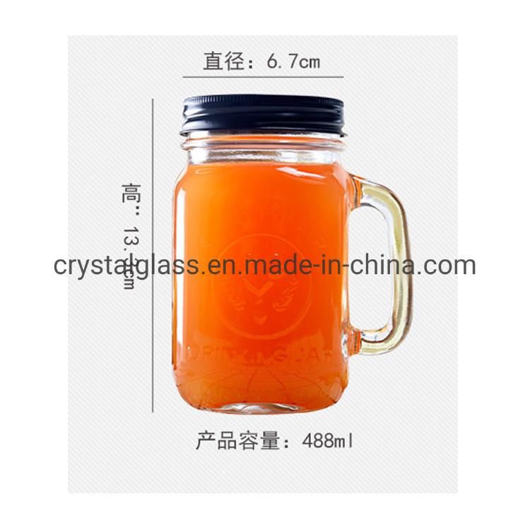 Cutomized Shapeed Colored Glass Drinking Beverage Bottle Mason Jar with Handle