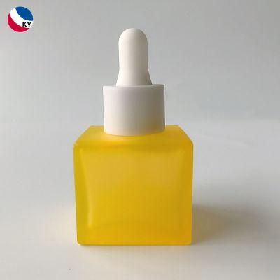 Luxury 30ml 1oz Colorful Amber Yellow Frosted Essential Oil Serum Square Glass Dropper Bottle for Cosmetic