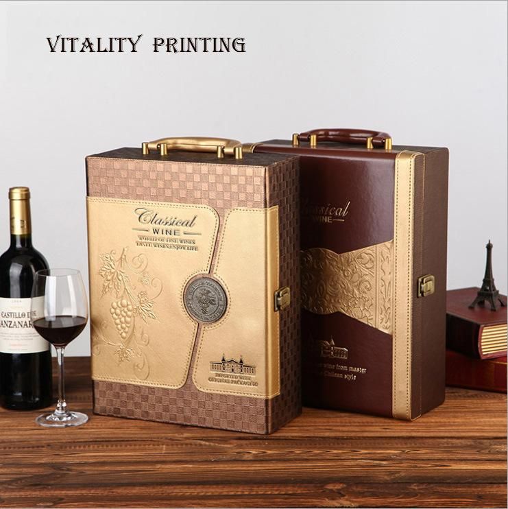 Custom Wholesale Rigid Wooden / PU Leather /Carboard Luxury Hand Carry Lock Display Christmas Wine Liquor Barware Storage Bottle Gift Packing Box