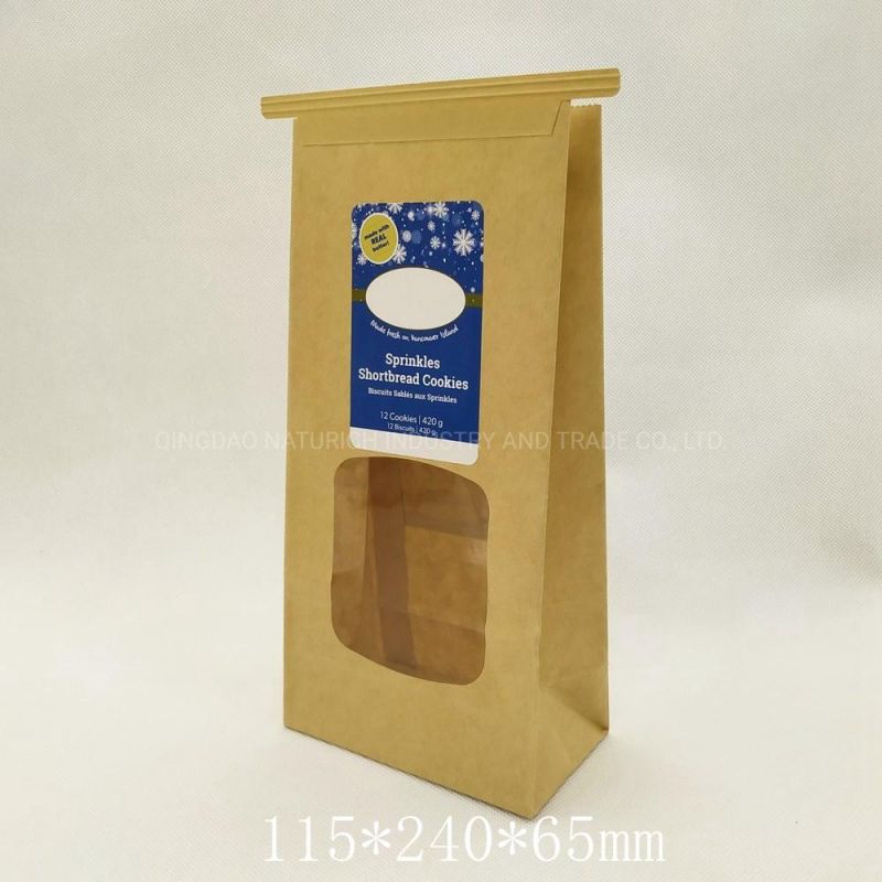 Square Block Flat Bottom Gusset Coffee Bean Tin Tie Dessert Kraft Paper Bag with Window