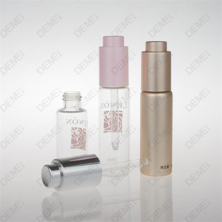 10ml-40ml Wholesale Cosmetic Packaging D27.5mm Stright Round Clear and Amber Serum Essential Oil Tube Glass Bottle with Gold Aluminum Press Button Dropper Cap