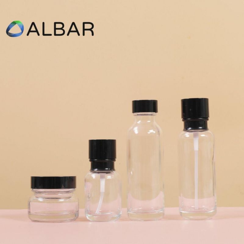 Press Pump Transparent Clear Glass Bottles in Black Lid Cover Cap for Skin Care