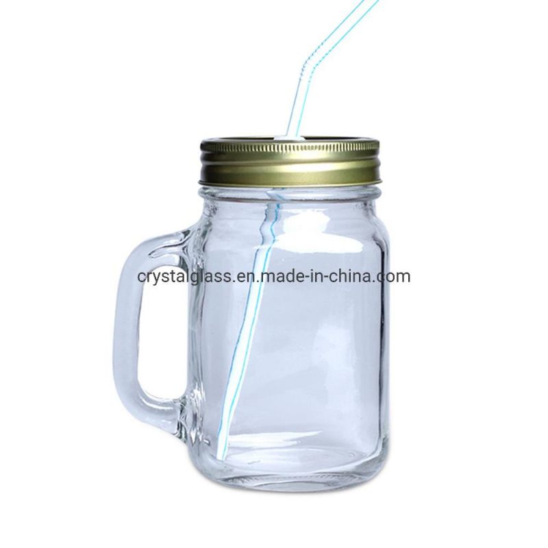 16oz Regular Mouth Glass Drinking Mason Jar with Handle Straw