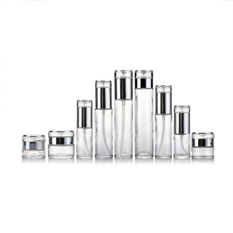 Fancy Cosmetic Packaging Sets Clear Empty Pump Glass Bottles and Jars