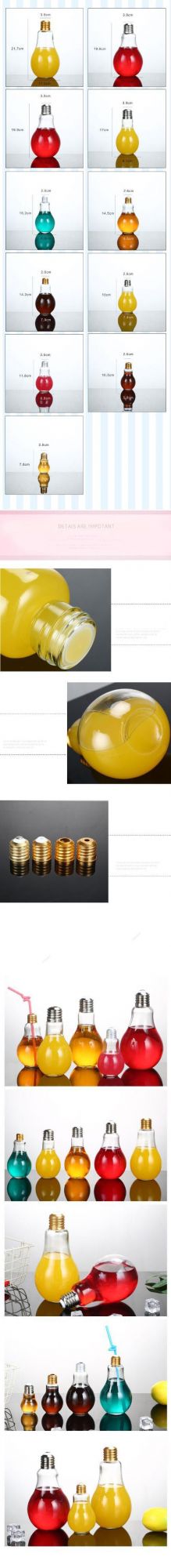 100ml 200ml 300ml 400ml 500ml Light Bulb Shape Glass Juice Jars with Screw Cap