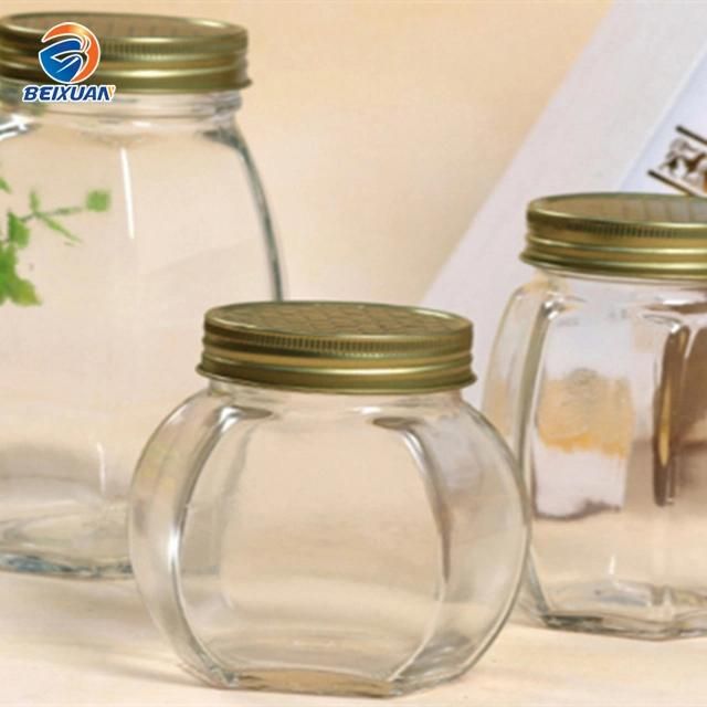 380ml Hexagonal Clear Glass Honey Jar Glass Bottle with Tinplate Cover
