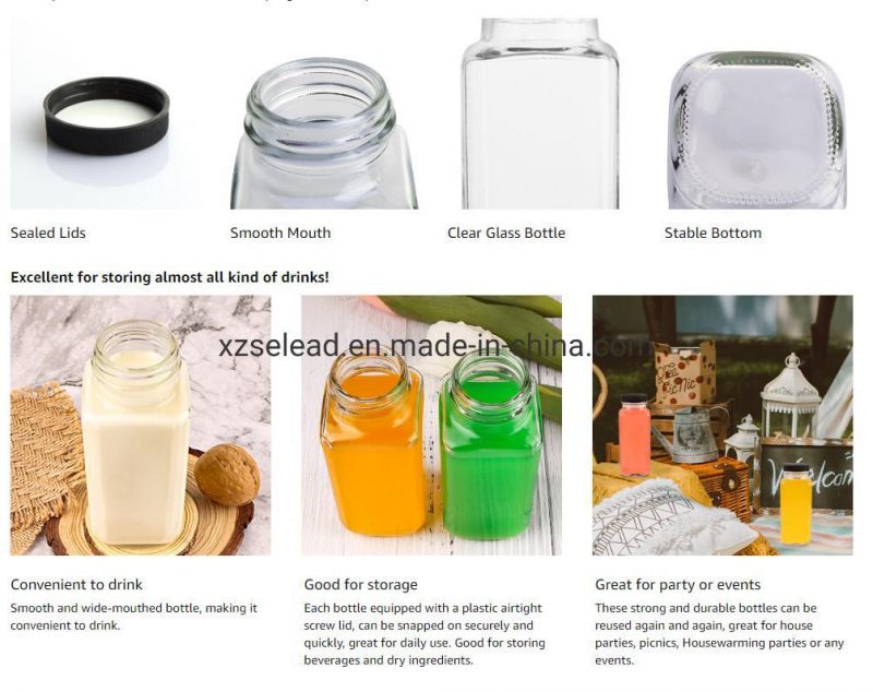 French Square Glass Beverage Pressed Juice Bottles with Plastic Cap