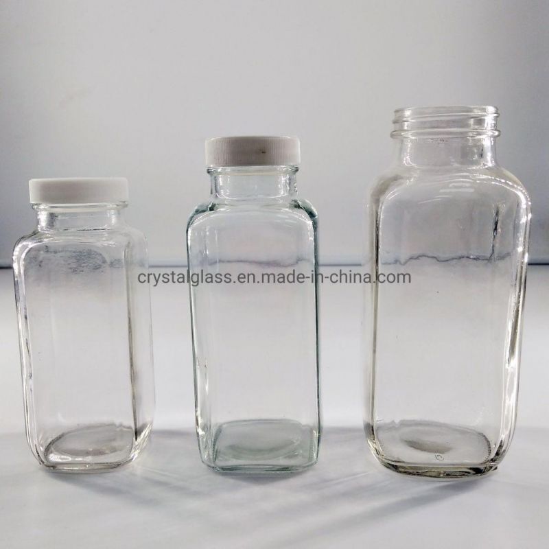 8oz 16oz Clear Square Juice Glass Bottles for Kombucha Tea Soft Drinking with Plastic Cap