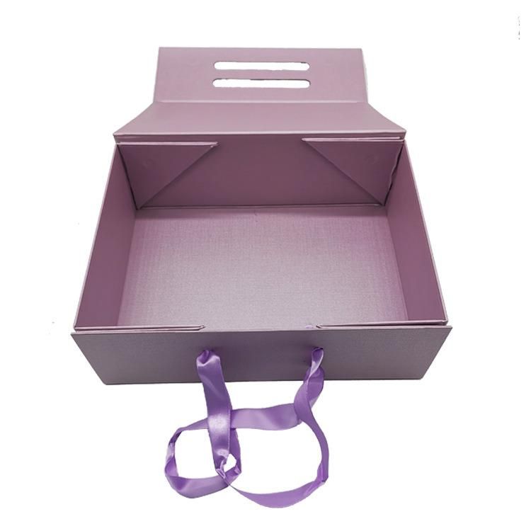 Wholesale Purple Color Small Size Paper Ribbon Handbag for Food Garments Whosale Lingerie Perfume Packaging Paper Foldable Hang Bag Packing Wedding Favour Boxes