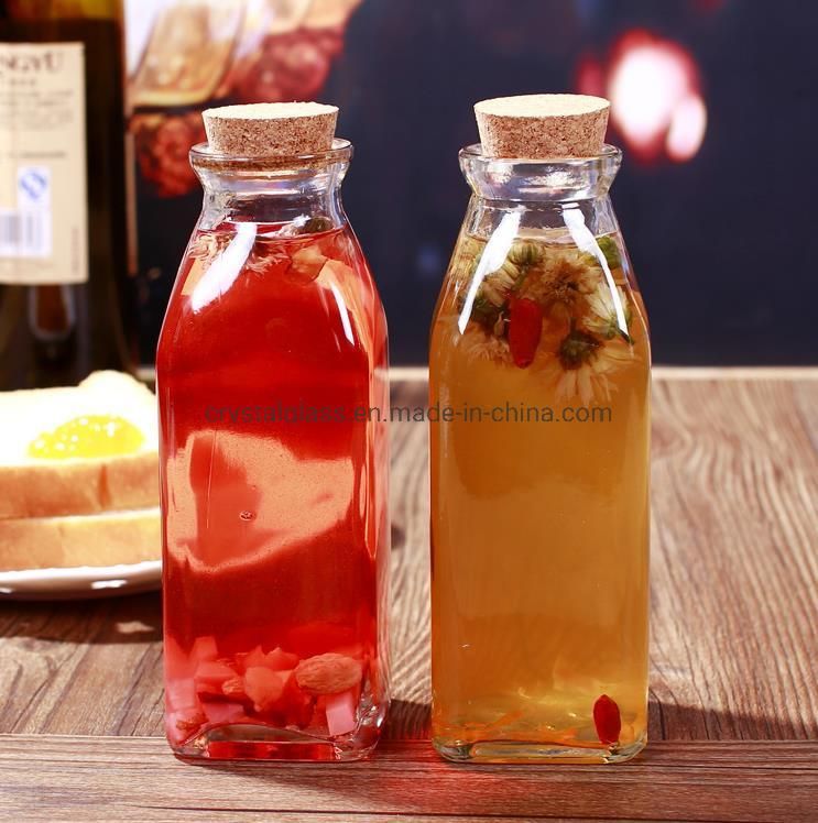 350ml Cold Tea Glass Bottle Square Drink Juice Bottle with Cork Glass Drift Bottle Wishing Bottle Milk Bottle