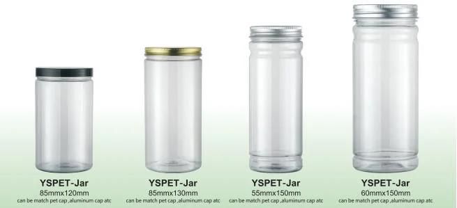 85*65mm Plastic Pet Custom Aluminum Cap Transparent Packaging Bottle Jars for Food Water Candy Cosmetic Perfume