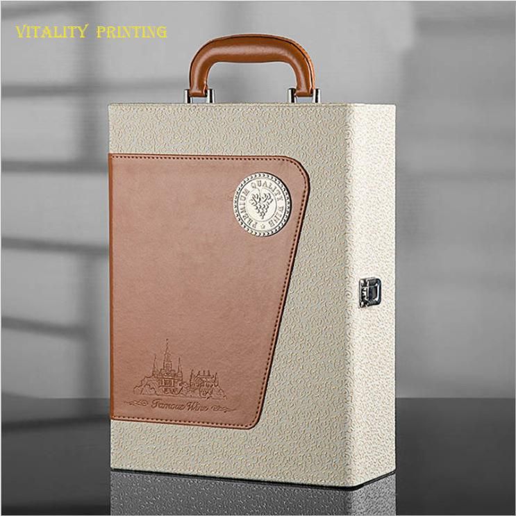 Custom Wholesale Luxury Europe Style Classical Portable PU Leather Wine Packaging Box Liquor Wooden Gift Packing Box/Spot Leather Case/Two Bottles Package