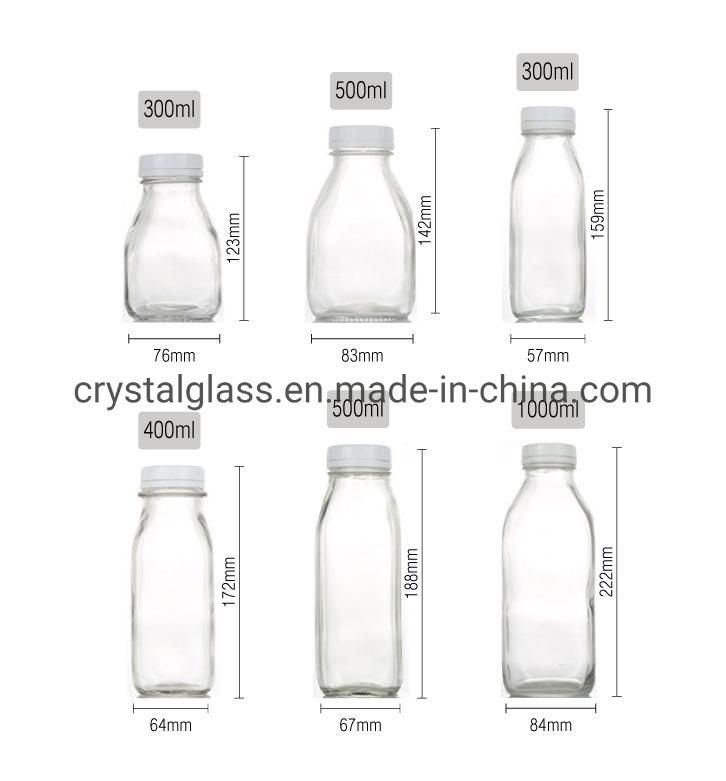 10oz 12oz 16oz 32oz French Square Glass Milk Bottle Juice Beverage Bottle with Plastic Tamperproof Cap/Lid 330ml