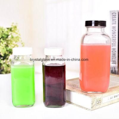 16oz/500ml French Square Juice Beverage Glass Milk Bottle with Plastic Cap 250ml