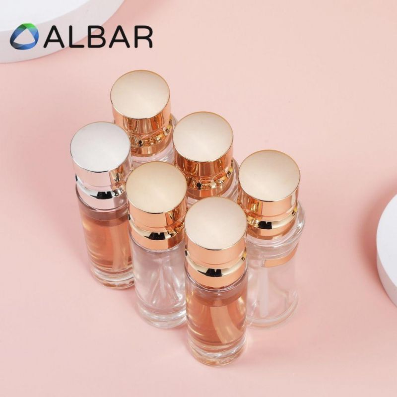 Cylinder Round Cosmetics Glass Bottles in Clear or Frosted Silver and Light Gold Caps