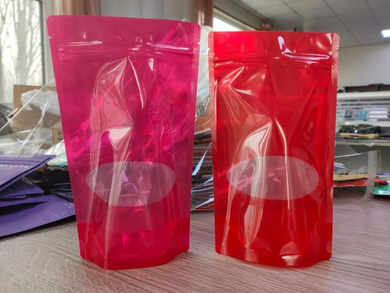 Red Color with Oval Window Stand up Plastic Bag