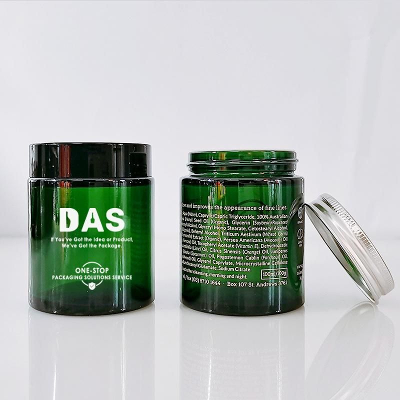 Popular Fancy Unique 100g 100ml Straight Sided Green Gosmetic Glass Jar with Aluminum Plastic Lids for Face Body Cream Oniment