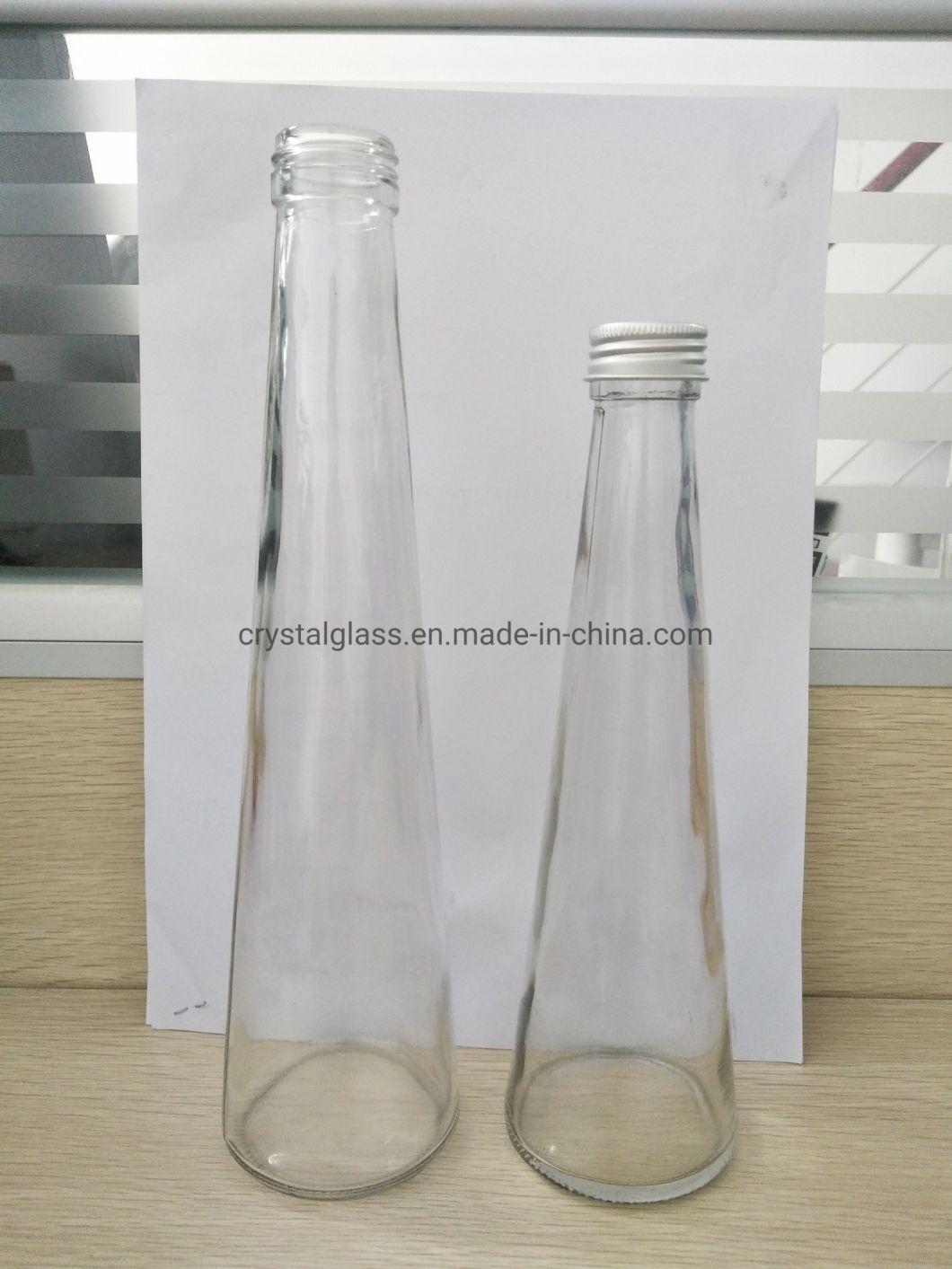 Oshow 250ml 300ml Creative Cone Shaped Beverage Drinking Clear or Frosted Glass Bottle Packaging with Aluminium Lid