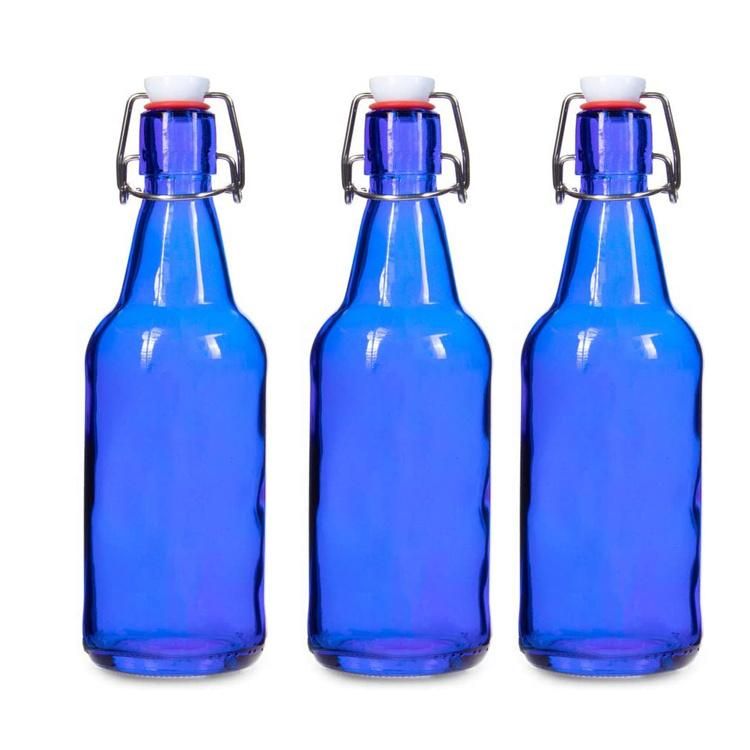 16 Oz Blue Glass Grolsch Beer Swing Top Bottle Airtight Seal with Flip Top Stoppers