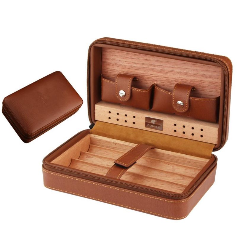 Wholesale Cigarette Box Cedar Humidor Travel Leather Case Portable Leather Cigar Humidifier Case