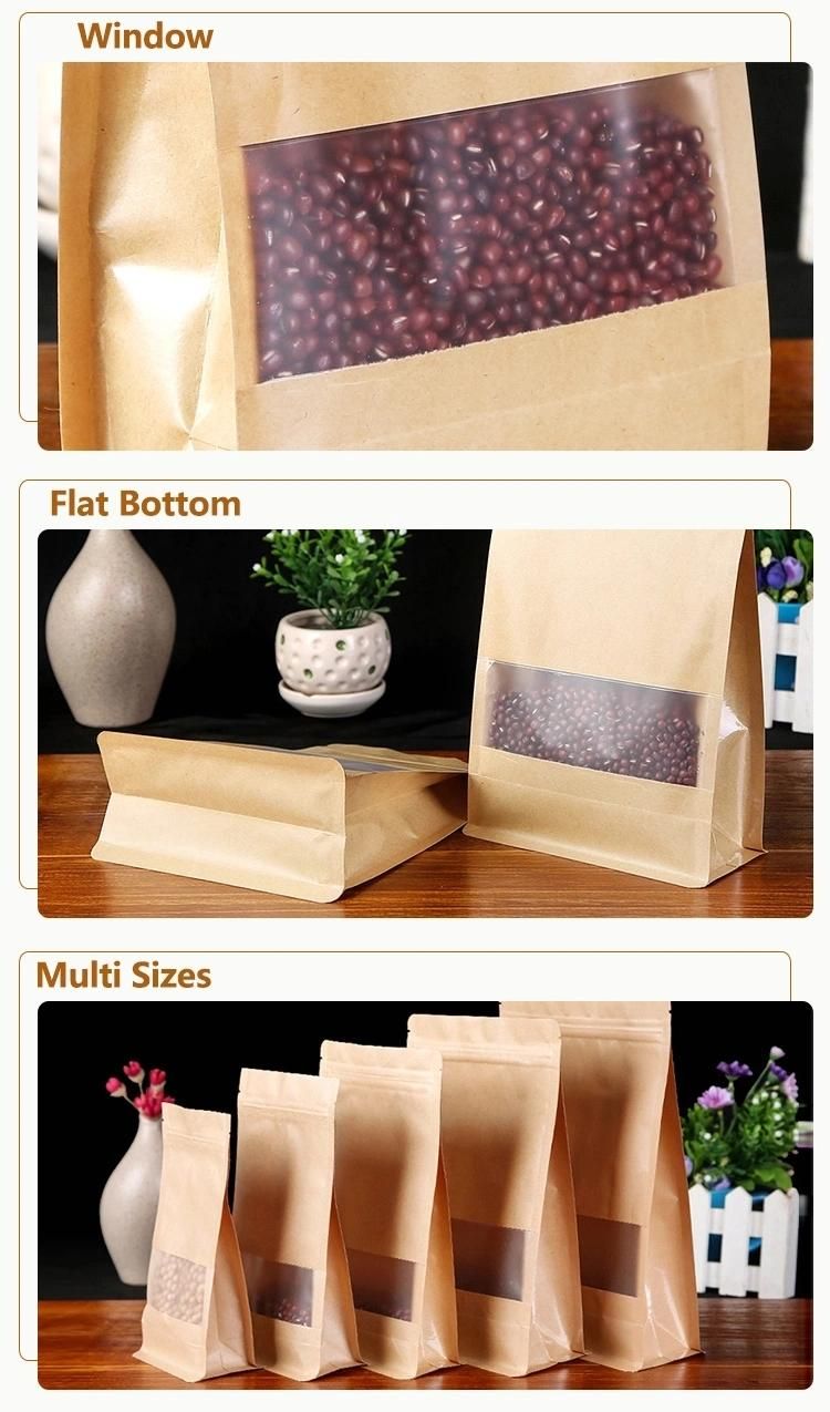 Composite 4 Layer Laminated Zipper Kraft Paper Bag with Waterproof Clear Window Kraft Paper Pouch Bag for Tea Nuts Coffee Beans