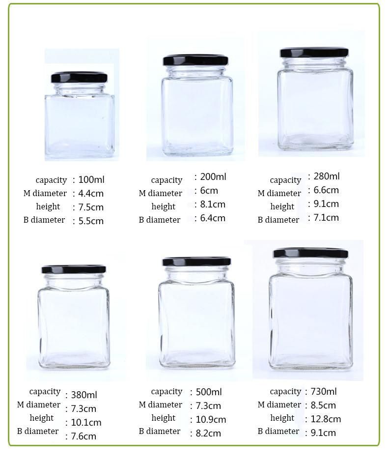 Wholesale 180ml 280ml 500ml 730ml Clear Glass Food Honey Pickle Square Glass Jar