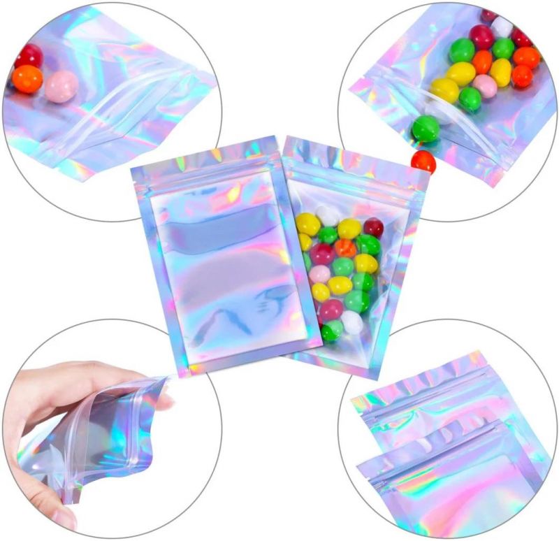 Shiny Transparent Holographic Mylar Ziplock Cosmetic Candy Make up Packaging Bag Hologram Stand up Pouch