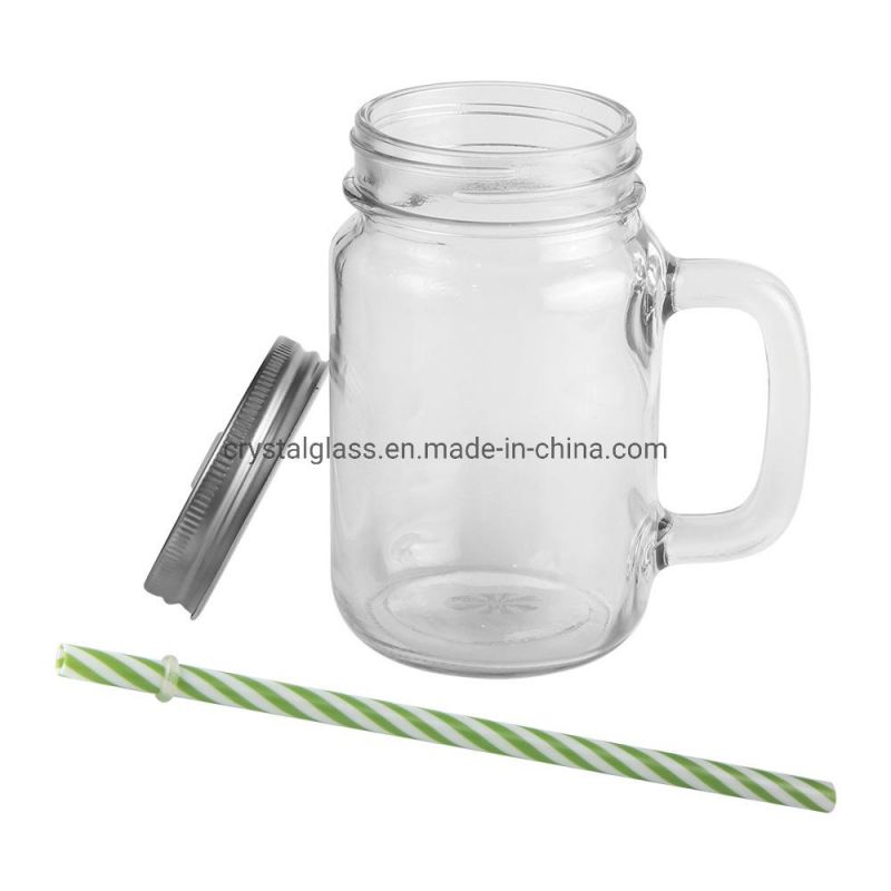 16oz 480ml Transparent Empty Glass Mason Jar with Handle and Straw for Beer or Beverage Drinking