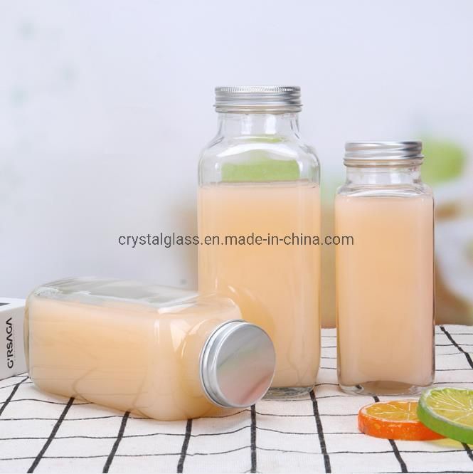 OEM Square Transparent Glass Milk Beverage Bottle with Aluminium Lid 350ml