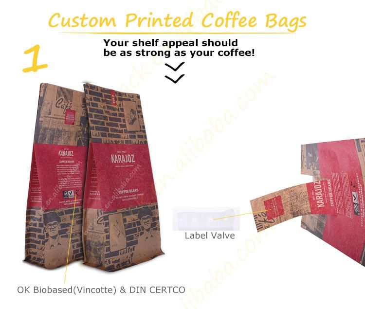 China Supplier Custom Print Flat Bottom Food Grade 500g 1kg Packing Aluminium Foil Ziplock Custom Label Compostable Matt Black Coffee Bag