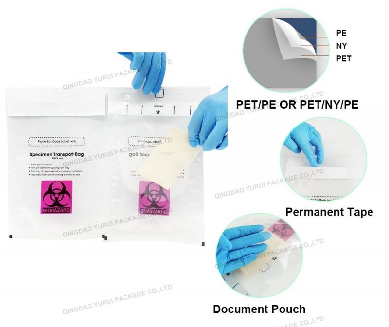 Kangaroo Laminated 95kpa Medical Biohazard Specimen Transport Bags with Document Pouch