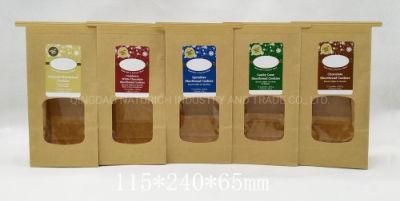 Square Block Flat Bottom Gusset Coffee Bean Tin Tie Dessert Kraft Paper Bag with Window