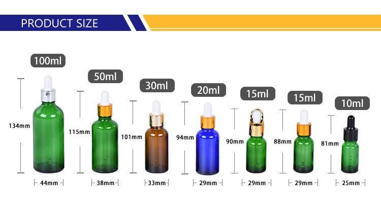 OEM 10ml 15ml 20ml 30ml 50ml 100ml Green Brown Blue Glass Dropper Bottle