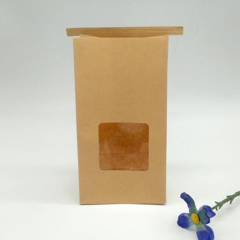 Customized Resealable Food Grade Kraft Paper Square Bottom Bread/Popcorn Packaging Bags with Tin Tie