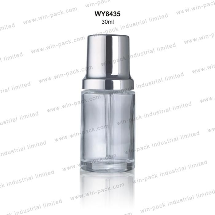 Clear Glass Bottle Press Button Dropper Cosmetic Round Shape Shiny Silver Cap Round Shoulder