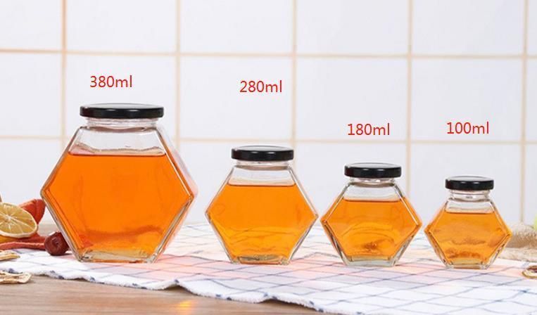 100ml 180ml 280ml 380ml Hexagonal Glass Bottle Honey Food Storage Jar with Metal or Bamboo Caps