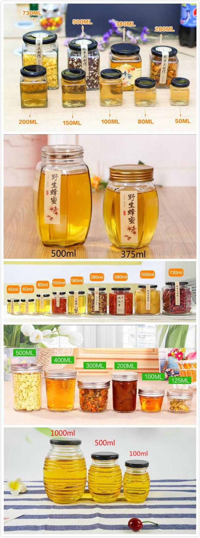 100ml 180ml 280ml 380ml Hexagonal Glass Bottle Honey Food Storage Jar with Metal or Bamboo Caps