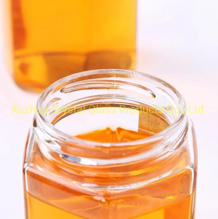 10 Oz Transparent Hexagon Glass Jar with Screw Lid for 500g Honey Packaging Use