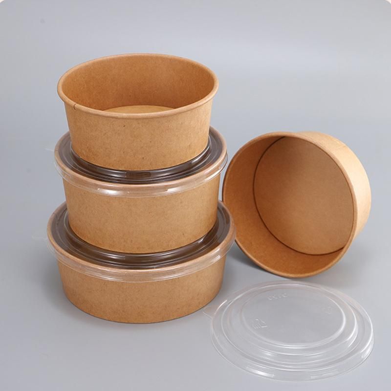 500ml/750ml/1000ml Customized Round Kraft Salad Paper Bowl Hot Food Container with Transparent Lid