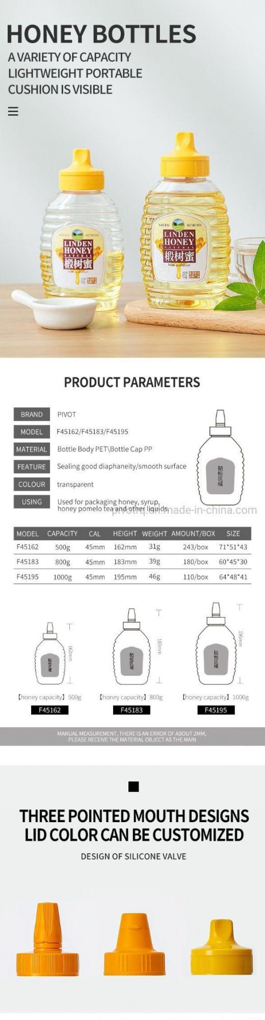 800g 570ml Pet Honey Bottle Plastic for Packing Honey Jams Syrups