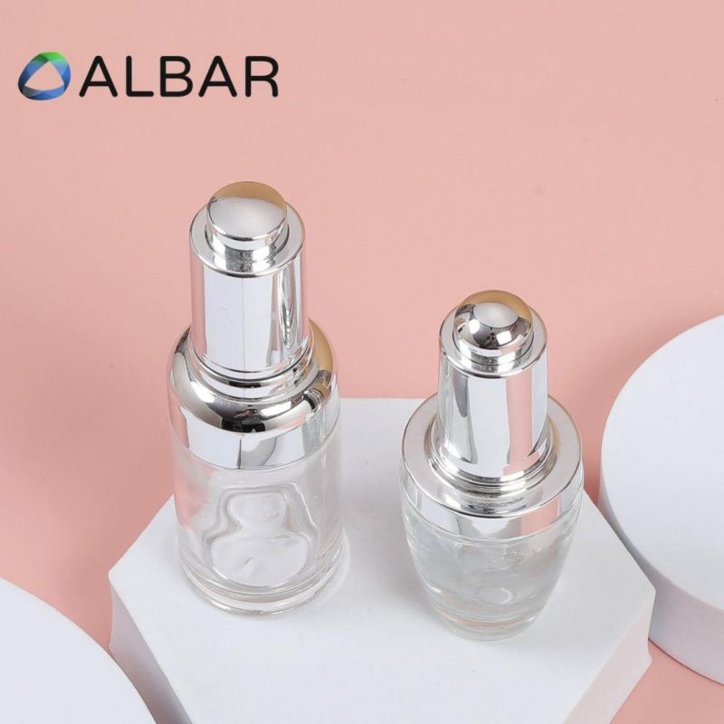 Push Pump Bottles Metal Shoulder Silver Cosmetics Glass Bottles with Printing