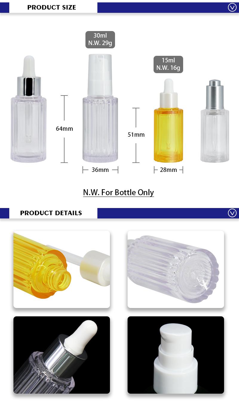 OEM 15ml 30ml Yellow Transparent Stripe Cosmetic Plastic Dropper Bottle