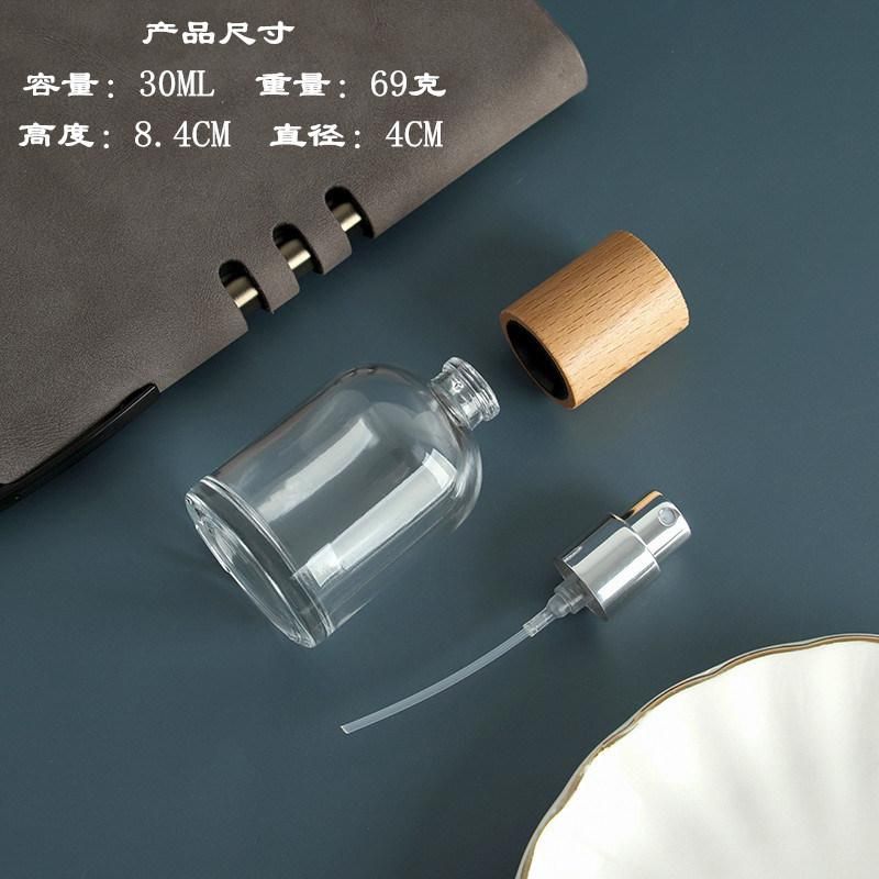 100ml 50ml 30ml Thick Clear Glass Essential Oil Bottle with Wood Lid for Perfume Aromatherapy Portable Square Refillable Bottle Custom Design