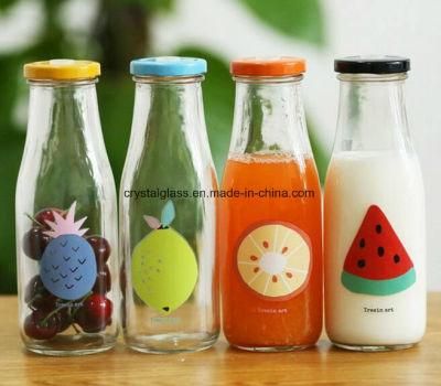 300ml Milk Glass Bottle with Fruit Decoration Printing Lid and Straw