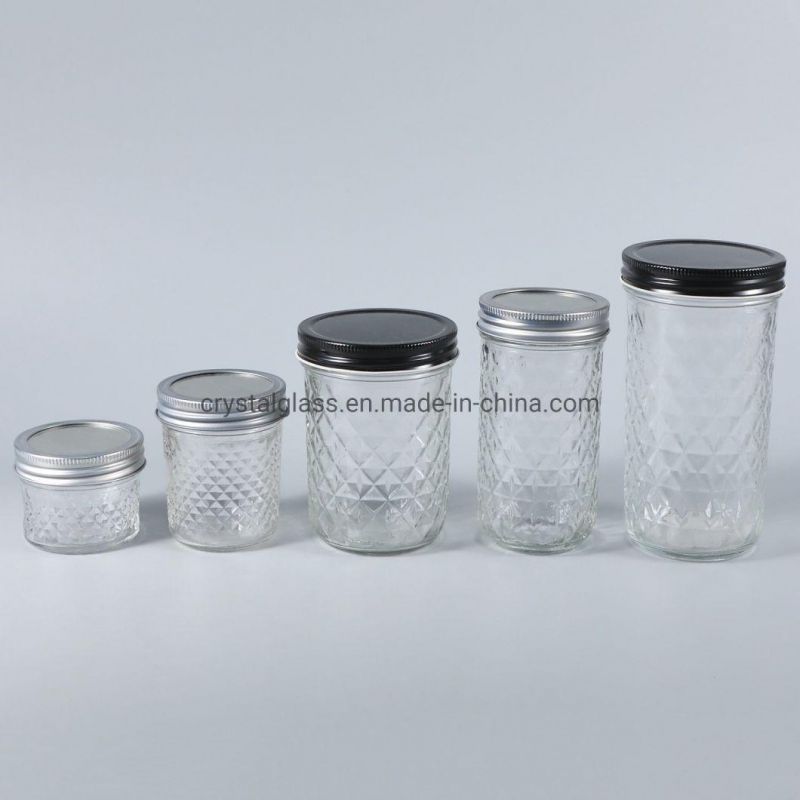 Diamond Mason Food Storage Jar Coffee Cold Drink Glass Cup with Straw and Aluminum Cap 250/350/500ml